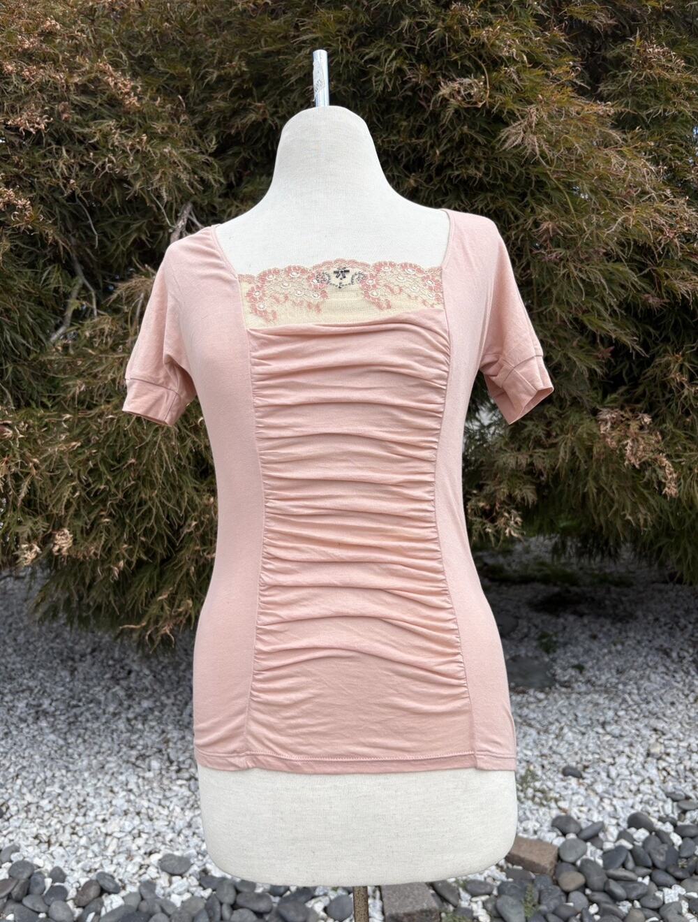 Chiarugi Womens Blush Pink Lace Y2K Ruched Top IT 44 US 8 Coquette Romantic NWT